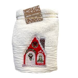 2 Christmas Hand Towels Red Embroidered Gingerbread House 100% Cotton NEW